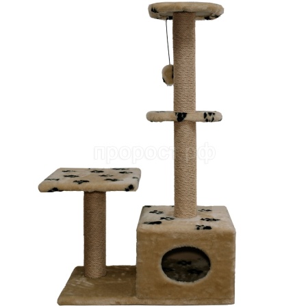 Когтеточка домик с 2-умя полками на основании квадрат мех джут корич с игрушкой 38*66*114см/DONBARON