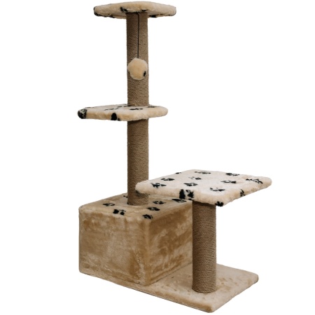 Когтеточка домик с 2-умя полками на основани квадрат мех джут беж с игрушкой 38*66*114см/DONBARON