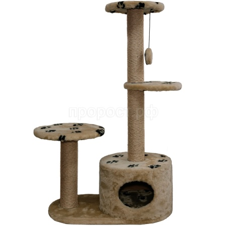 Когтеточка домик с 2-умя полками на основании круглая мех джут корич с игрушкой 38*66*112см/DONBARON